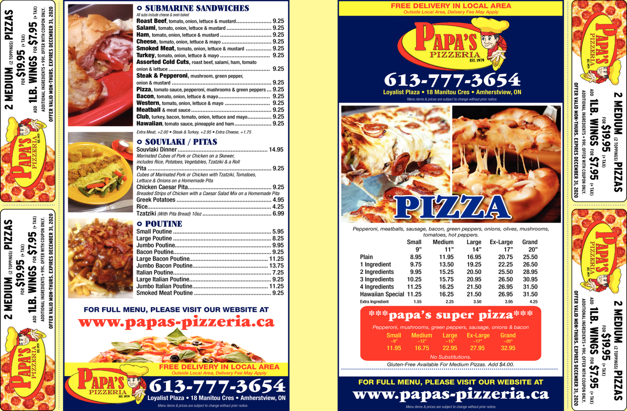Papa's Pizzeria Amherstview, ON Eastern Ontario Local